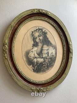 Grande Lithographie Ancienne XIXe Fillette et Agneau Cadre Ovale Napoléon III