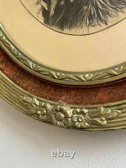 Grande Lithographie Ancienne XIXe Fillette et Agneau Cadre Ovale Napoléon III