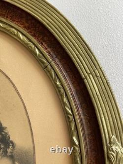 Grande Lithographie Ancienne XIXe Fillette et Agneau Cadre Ovale Napoléon III