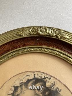 Grande Lithographie Ancienne XIXe Fillette et Agneau Cadre Ovale Napoléon III
