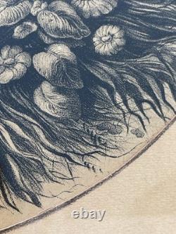 Grande Lithographie Ancienne XIXe Fillette et Agneau Cadre Ovale Napoléon III