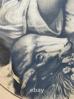 Grande Lithographie Ancienne XIXe Fillette et Agneau Cadre Ovale Napoléon III