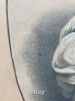 Grande Lithographie Ancienne XIXe Fillette et Agneau Cadre Ovale Napoléon III