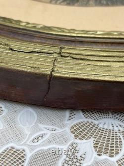 Grande Lithographie Ancienne XIXe Fillette et Agneau Cadre Ovale Napoléon III