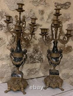 Grande Paire Candélabres Bronze & Marbre Napoléon III XIXe 70cm