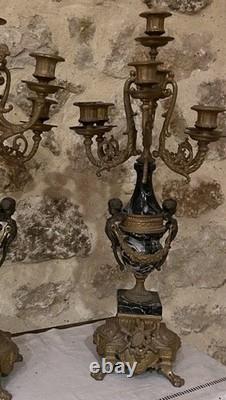 Grande Paire Candélabres Bronze & Marbre Napoléon III XIXe 70cm