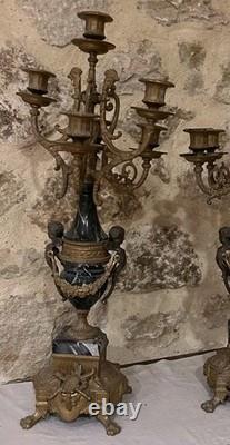 Grande Paire Candélabres Bronze & Marbre Napoléon III XIXe 70cm