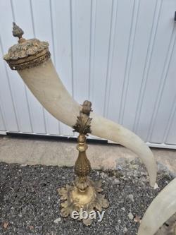 Grande paire de cornes décoratives XIXe en monture bronze doré 62 cm