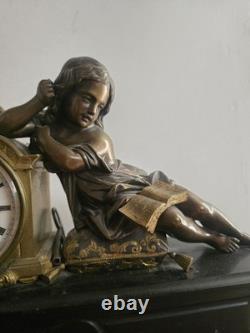 Grande pendule Napoléon III bronze & marbre Étude de la Jeunesse XIXe