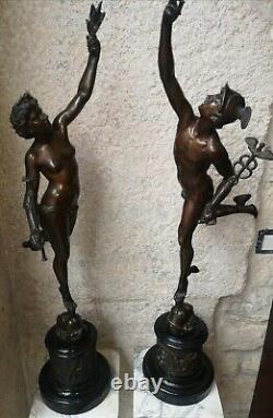 Grandes sculptures en bronze Mercure d'après Gianbologna et Renommée XIX