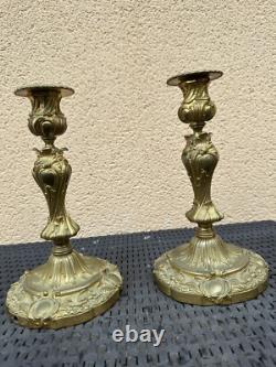 H. PICARD PAIRE DE BOUGEOIRS ST. ROCAILLE LOUIS XV BRONZE DORÉ NAPOLÉON III XIXe