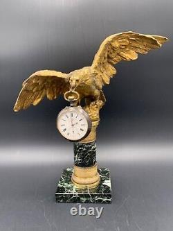 Important porte-montre de gousset Napoléon III Aigle bronze & marbre XIXe 30 cm