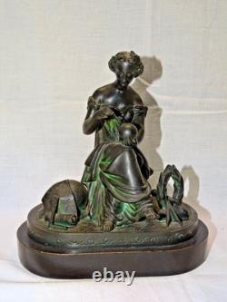 -JOLI ANCIEN SUJET REGULE PATINE NOIRE NAPOLEON III XIXe SOCLE BOIS NOIRCI D
