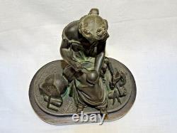 -JOLI ANCIEN SUJET REGULE PATINE NOIRE NAPOLEON III XIXe SOCLE BOIS NOIRCI D