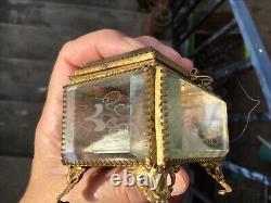 Joli Petit coffret à bijoux boîte laiton verre biseauté gravé Napoléon III XIXè