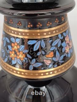 Jolie LAMPE A PETROLE napoléon III Opaline Soufflée Noire & Émaillée XIXè