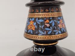 Jolie LAMPE A PETROLE napoléon III Opaline Soufflée Noire & Émaillée XIXè