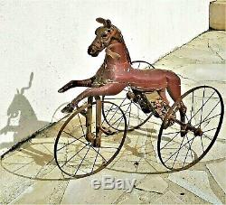 Jouet ancien, cheval tricycle en bois et fonte d'époque fin XIX ème vers 1880
