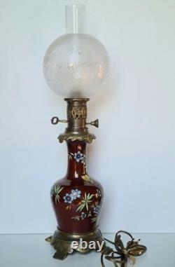 Lampe A Pétrole Ancienne Électrifiée Napoléon III Céramique Émaillée Bronze XIXe
