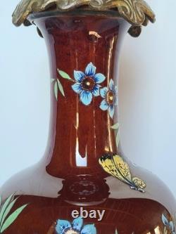 Lampe A Pétrole Ancienne Électrifiée Napoléon III Céramique Émaillée Bronze XIXe