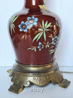 Lampe A Pétrole Ancienne Électrifiée Napoléon III Céramique Émaillée Bronze XIXe