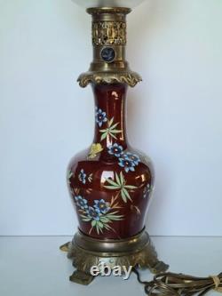 Lampe A Pétrole Ancienne Électrifiée Napoléon III Céramique Émaillée Bronze XIXe