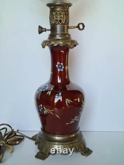 Lampe A Pétrole Ancienne Électrifiée Napoléon III Céramique Émaillée Bronze XIXe