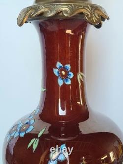 Lampe A Pétrole Ancienne Électrifiée Napoléon III Céramique Émaillée Bronze XIXe