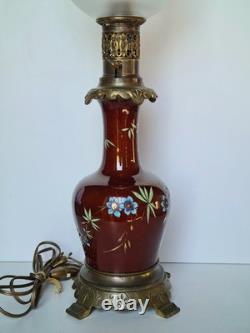 Lampe A Pétrole Ancienne Électrifiée Napoléon III Céramique Émaillée Bronze XIXe