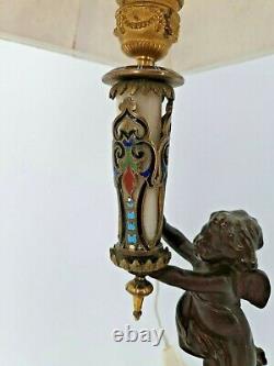 Lampe Ancienne en bronze et émail cloisonné, angelot Napoléon III fin XIX ème s