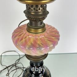 Lampe Napoléon III XIXe siècle doré opaline torsadée irisée Art Nouveau, Legras