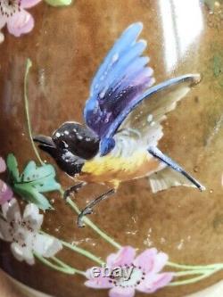 Lampe à pétrole en barbotine/céramique impressionniste à l'oiseau & fleurs /XIXe