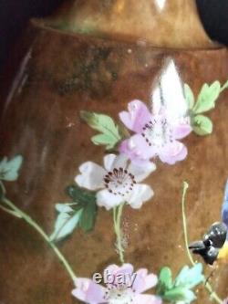 Lampe à pétrole en barbotine/céramique impressionniste à l'oiseau & fleurs /XIXe