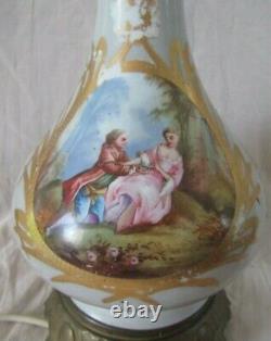 Lampe à pétrole porcelaine bronze doré Napoléon III XIXè peint main converti tbe