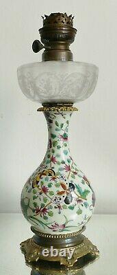 Lampe pétrole porcelaine Bayeux Langlois Chine XIXe Napoléon III cristal gravé