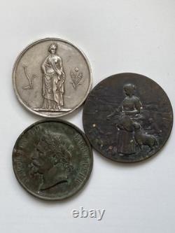 Lot 3 Médailles Agricoles XIXe LESUR Louis Napoléon III Argent Cuivre Bronze