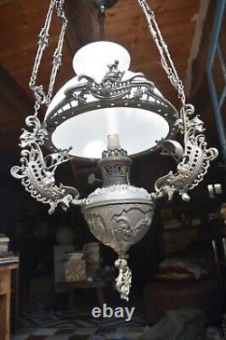 Lustre Bronze Lampe à Pétrole Napoléon III Fin XIXe Siècle Monte et Baisse