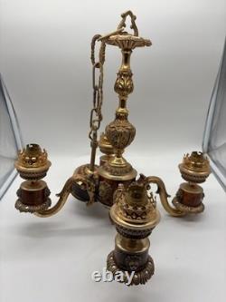 Lustre ancien bronze doré style Napoléon Iii à 3 bras décor rocaille XIXe siècle