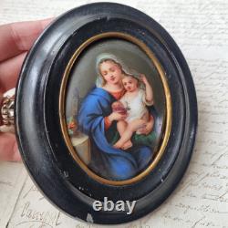 MINIATURE XIXè Porcelaine Peinte Cadre Vierge A L'Enfant