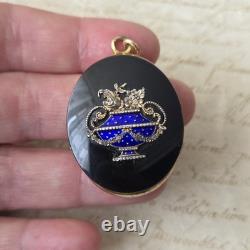 Médaillon Pendentif Plaqué Or avec Corbeille en Argent Email Bleu Onyx Fin XIXè
