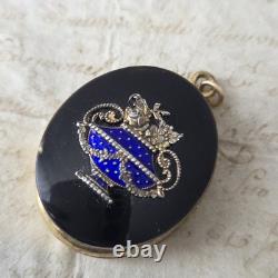 Médaillon Pendentif Plaqué Or avec Corbeille en Argent Email Bleu Onyx Fin XIXè Médaillon Pendentif Plaqué Or avec Corbeille en Argent Email Bleu Onyx Fin XIXè