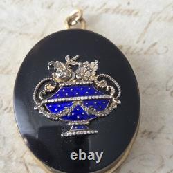 Médaillon Pendentif Plaqué Or avec Corbeille en Argent Email Bleu Onyx Fin XIXè