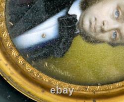 Miniature XIXe gouache plaquette matière naturelle Portrait Signé Napoléon III