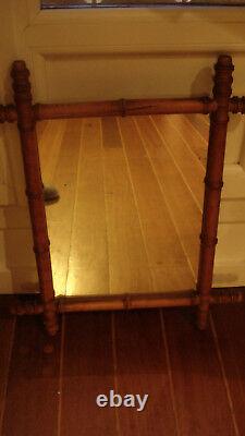 Miroir ancien XIX Napoléon III bois tourné façon bambou pour salle de bain rétro