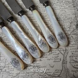 ODIOT 6 Couteaux Nacre Anciens XIXè Monogramme MC Couteaux A Fromage