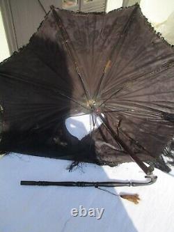 Ombrelle soie noire ancienne (XIXe, Napoléon 3) manche pliable à restaurer