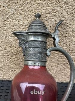 PAIRE D'AIGUIERE ÉTAIN ET VERRE ROUGE ÉPOQUE NAPOLÉON III XIXe