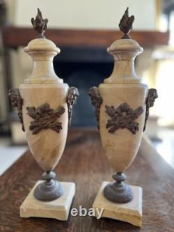 PAIRE DE CASSOLETTES EN MARBRE & Bronze NAPOLEON III Décoration De Cheminée XIX