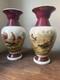Paire De Grands Vases Opaline Peinte Xix Eme Decor De Coq Poules Napoleon Iii