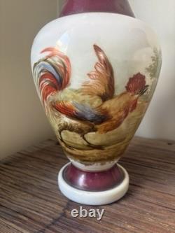 PAIRE DE GRANDS VASES OPALINE PEINTE XIX eme DECOR DE COQ POULES NAPOLEON III